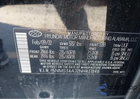 2022 Hyundai Santa Fe Sel из США, поврежденный, VIN 5NMS34AJ2NH431848